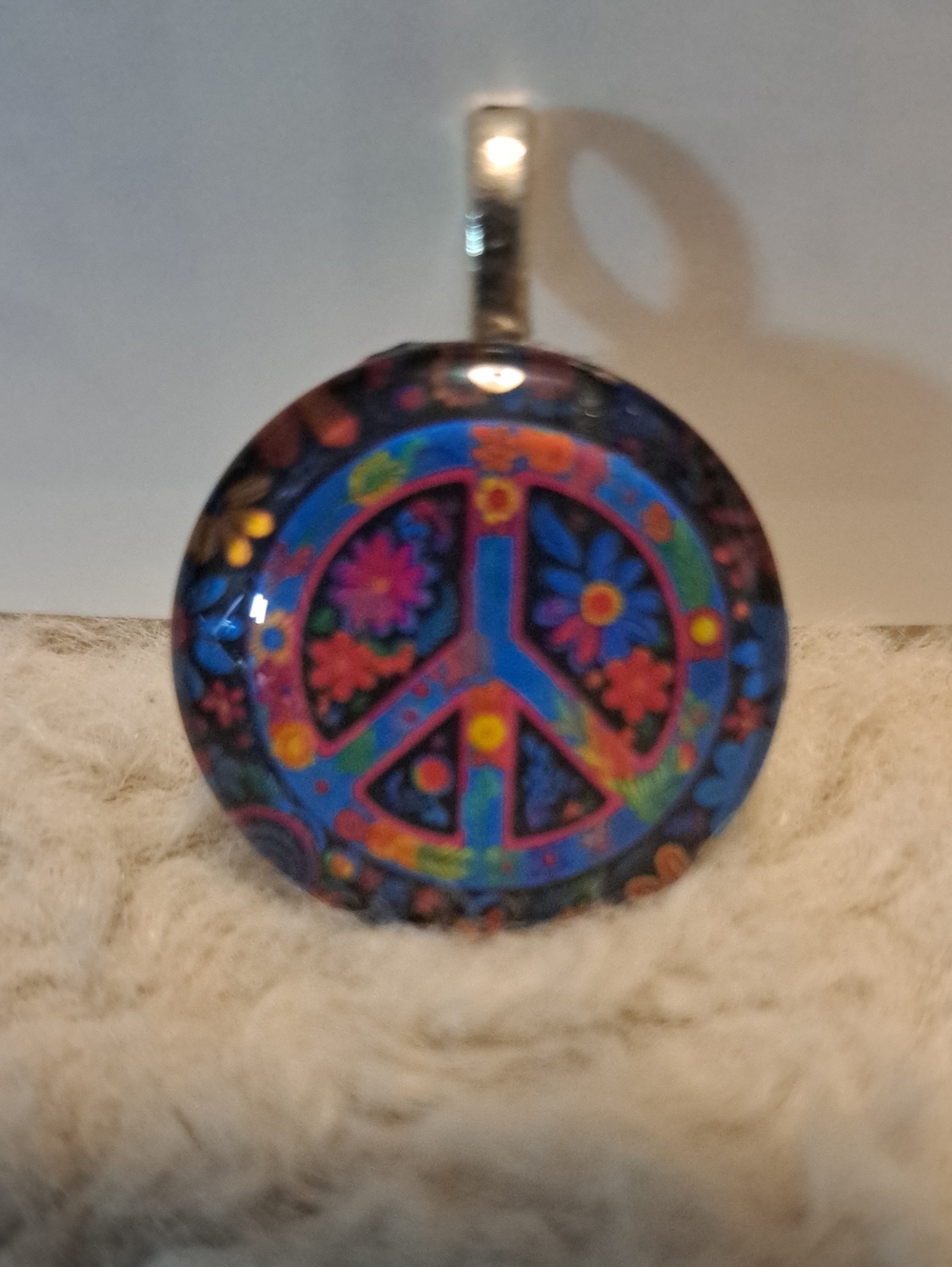 Hand Crafted Boho Peace Sign Glass Tile Pendant in Multicolor